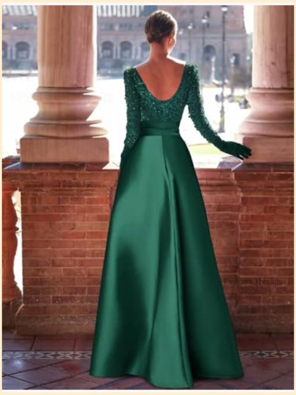 Long Sleeve Sequined A-line Evening Gown with Overskirt Prom Dress - Picture 3 of 7
